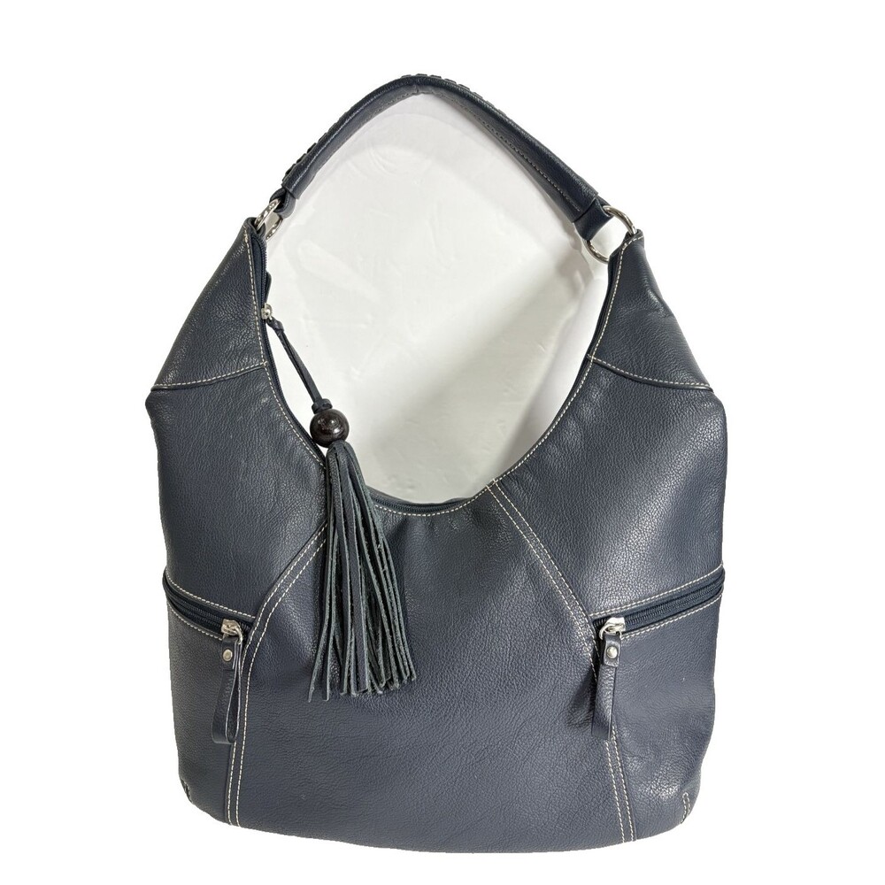 Aurielle Women's Navy Blue Leather White Stitching Shoulder Bag Hobo - Picture 2 of 9